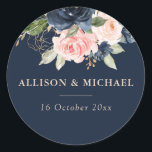 Elegant navy & blush floral wedding sticker<br><div class="desc">This design features beautiful navy and blush flowers and an Elegant navy background with lovely script text that can be personalized.</div>