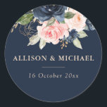 Elegant navy & blush floral wedding sticker<br><div class="desc">This design features beautiful navy and blush flowers and an Elegant navy background with lovely script text that can be personalized.</div>