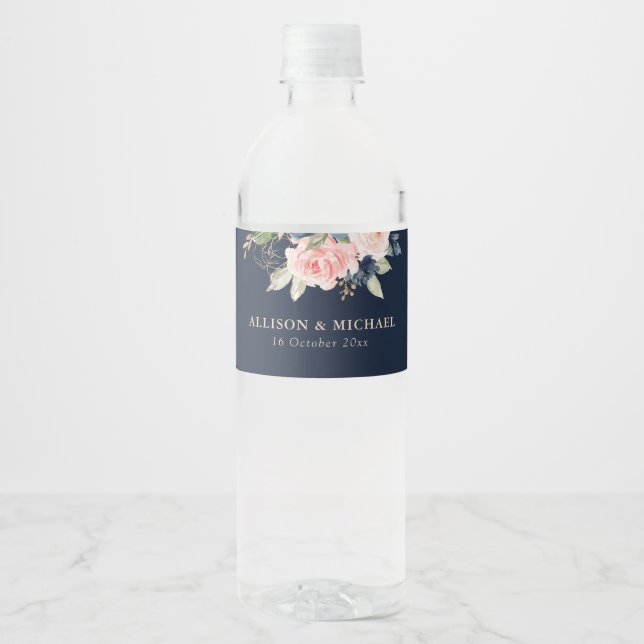 Elegant navy & blush floral wedding water bottle label (Front)