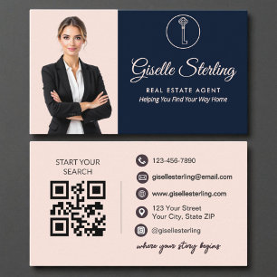 Elegant Navy Blush Photo Real Estate Agent QR Code Business Card