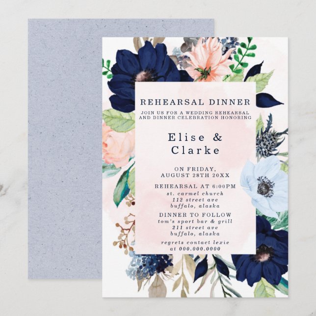 Elegant Navy Blush Pink Florals Rehearsal Dinner I Invitation (Front/Back)