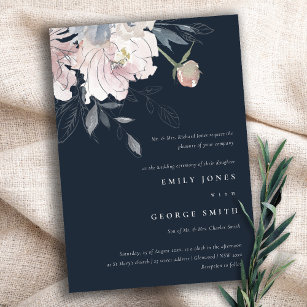 Elegant Navy Blush Watercolor Floral Wedding Invitation
