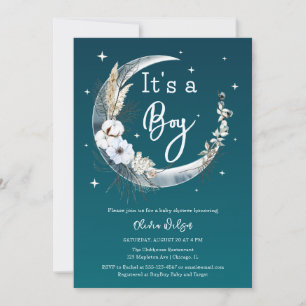 Elegant Navy Boho Pampas Grass Moon Baby Shower  Invitation