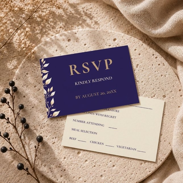 Elegant Navy Botanical Border Wedding RSVP Card (Creator Uploaded)