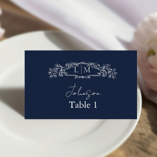 Elegant Navy botanical crest Wedding Place Card