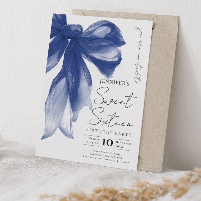Elegant Navy Bow Coquette Script Sweet 16 Party  Invitation (Elegant Navy Bow Coquette Script Sweet 16 Party Invitation)
