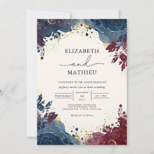 Elegant Navy Burgundy Botanical Floral Wedding Invitation