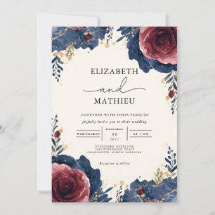 Elegant Navy & Burgundy Botanical Floral Wedding Invitation