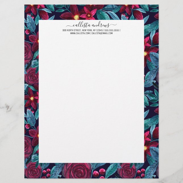 Elegant Navy Burgundy Christmas Floral Watercolor Letterhead (Front)