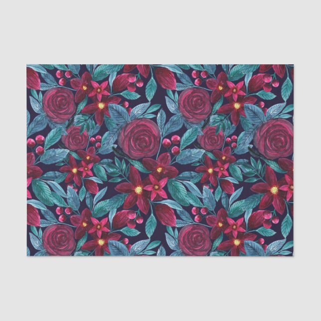 Elegant Navy Burgundy Christmas Floral Watercolor Tissue Paper (Front)