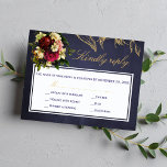 Elegant navy burgundy gold script floral wedding RSVP card<br><div class="desc">A beautiful classy vintage traditional style wedding invitation response card featuring winter peony flower bouquets with dark burgundy and ivory cream roses, foliage and leaves and a chic faux gold calligraphy script over a dark midnight navy blue chalkboard background. It is suitable for autumn fall or winter / Christmas floral...</div>