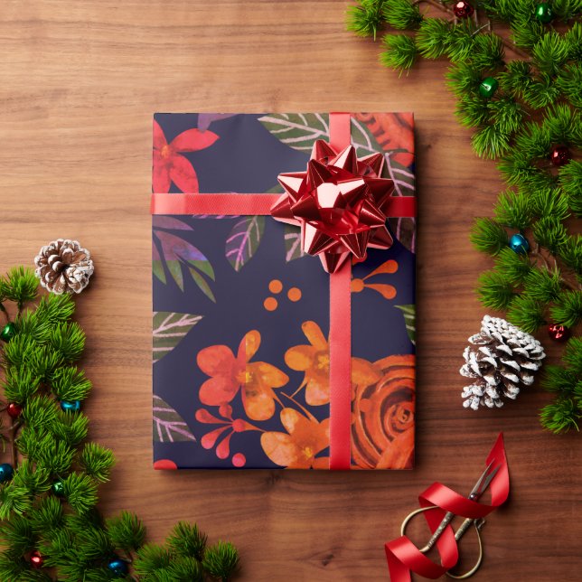 Elegant Navy Burgundy Orange Floral Wrapping Paper (Holiday Gift)