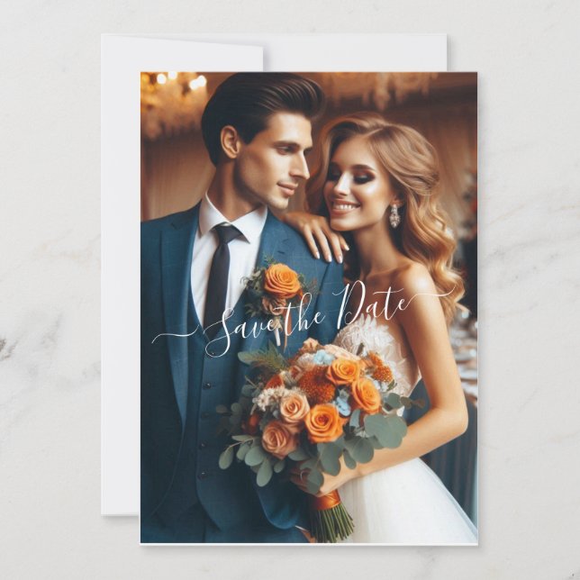 Elegant Navy & Burnt Orange | Photo Save the Date Invitation (Front)