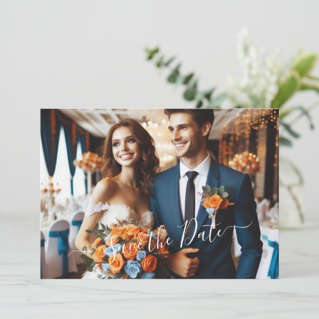 Elegant Navy & Burnt Orange | Photo Save the Date Invitation (Standing Front)