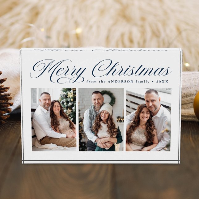 Elegant Navy Calligraphy Script Merry Christmas 3 Photo Block (Creator Uploaded)