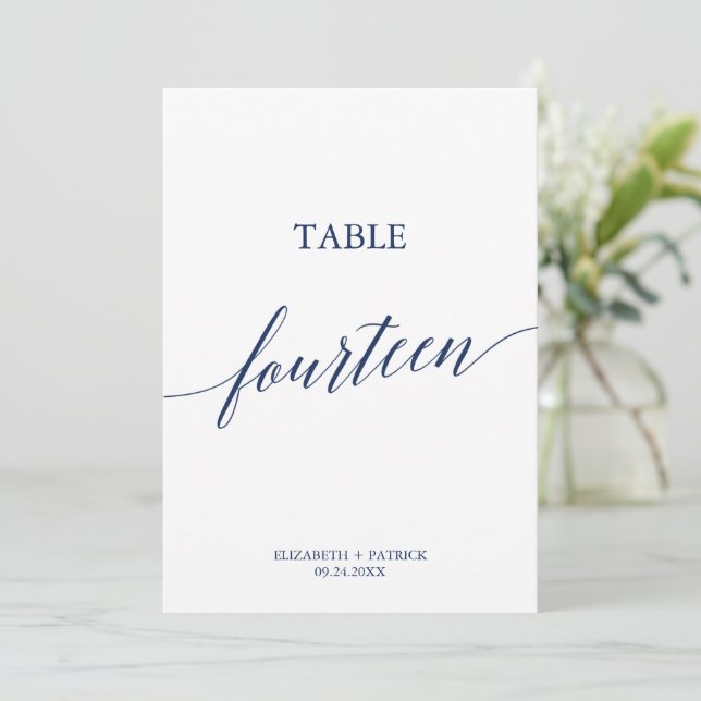 Elegant Navy Calligraphy Table 14 Table Number (Standing Front)
