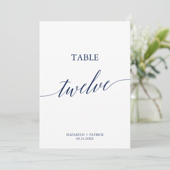 Elegant Navy Calligraphy Table Twelve Table Number (Standing Front)