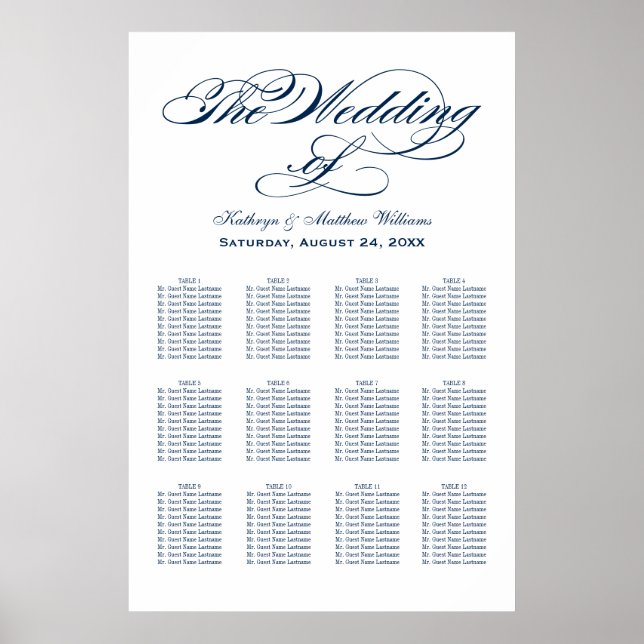 Elegant Navy Calligraphy Wedding Seating Poster (Front)