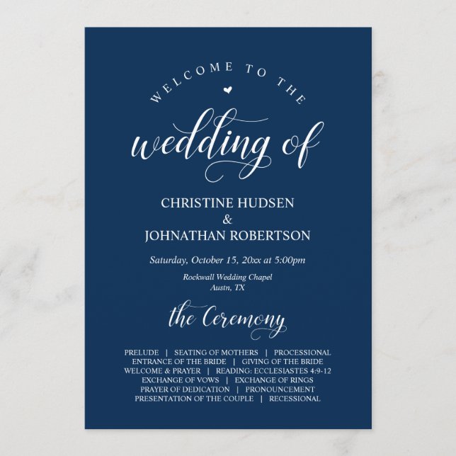 Elegant Navy Classy Script, Wedding Ceremony Progr Program (Front)