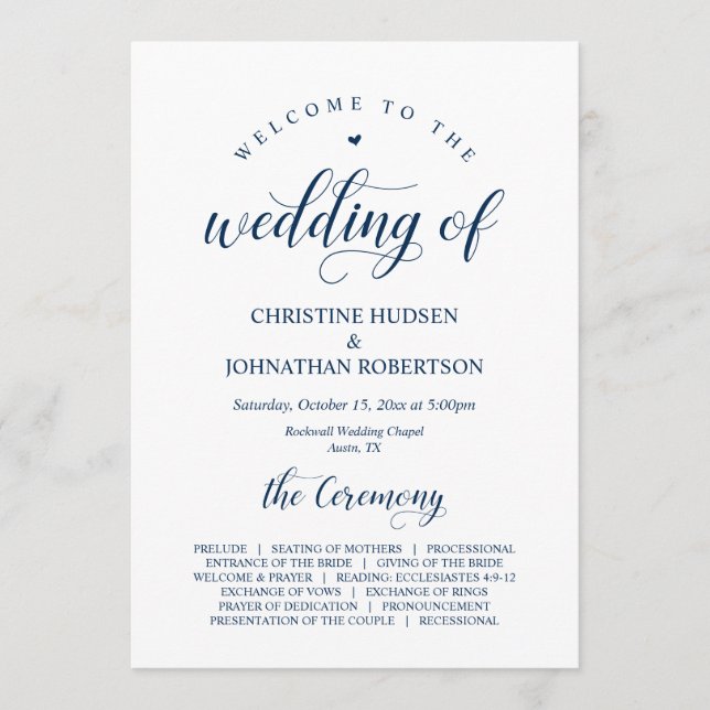 Elegant Navy Classy Script, Wedding Ceremony Program (Front)