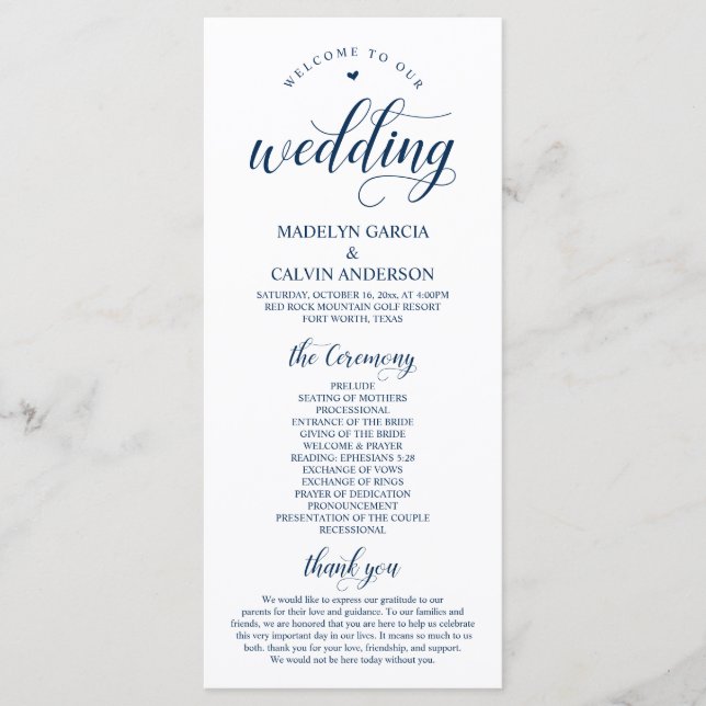 Elegant Navy Classy Script, Wedding Ceremony Program (Front)