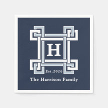 Elegant Navy Coastal Greek Key Monogram
