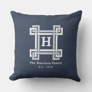 Elegant Navy Coastal Greek Key Monogram Outdoor Pillow