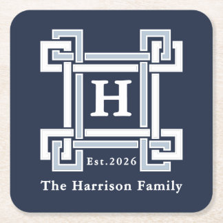 Elegant Navy Coastal Greek Key Monogram Square Paper Coaster