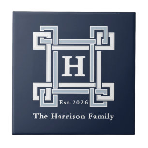 Elegant Navy Coastal Greek Key Monogram Tile