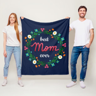 Elegant Navy Colourful Floral Wreath Best Mom Ever Fleece Blanket
