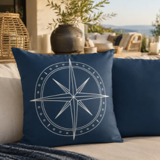 Elegant Navy Compass Rose Coastal Outdoor Throw Pillow