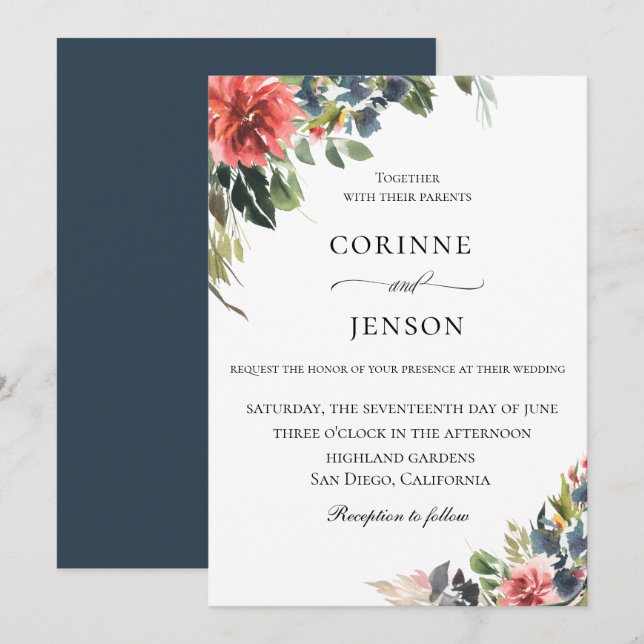 Elegant Navy Coral Botanical Wedding Invitation (Front/Back)