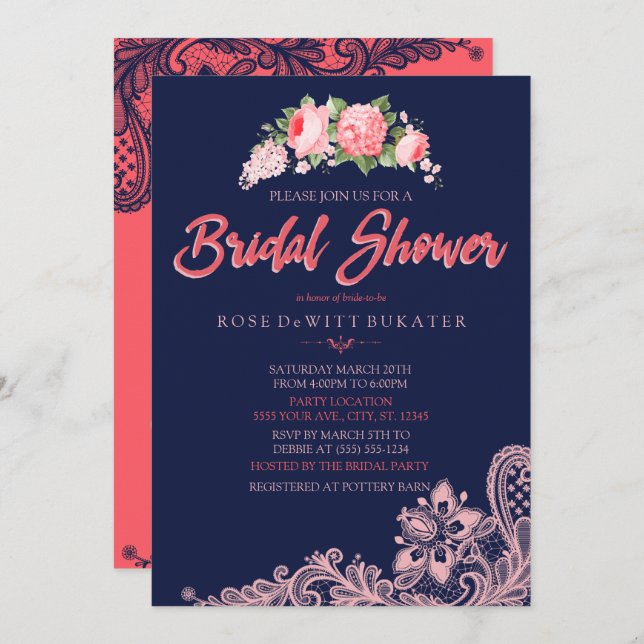 Elegant Navy & Coral Bridal Shower Invitations (Front/Back)
