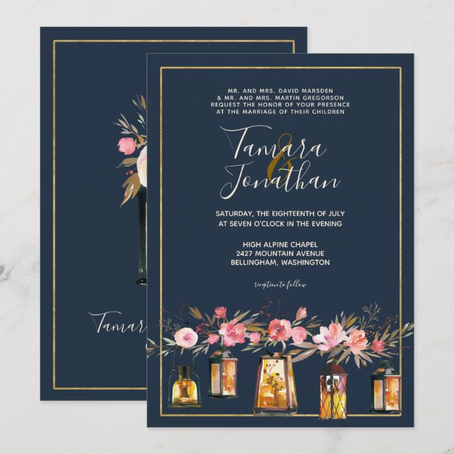 Elegant Navy Coral Floral Gold Lights Wedding Invitation (Front/Back)
