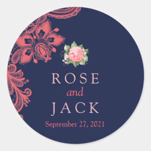 Elegant Navy & Coral Lace Wedding Wedding Stickers
