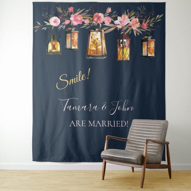 Elegant Navy Coral Smile Photo Booth Backdrop Tapestry (In Situ)