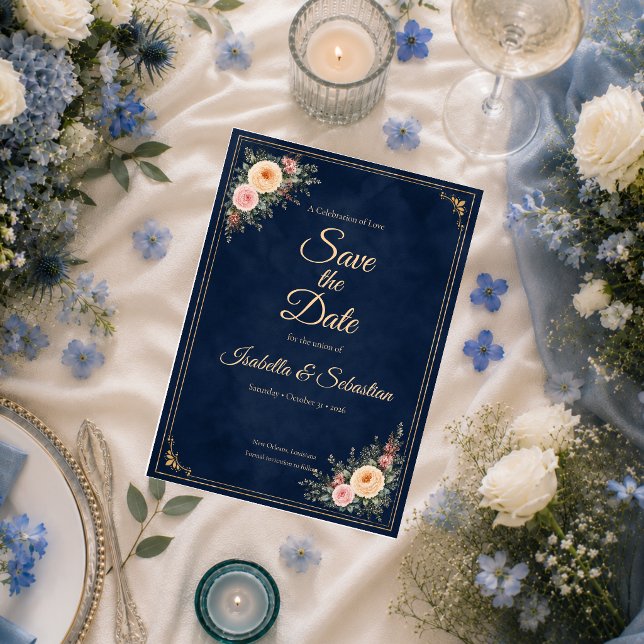 Elegant Navy Corner Floral Wedding Save The Date (Creator Uploaded)