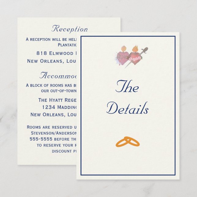 Elegant Navy & Cream Two Hearts Catholic Wedding  Enclosure Card (Front/Back)