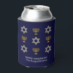 Elegant Navy Custom Hanukkah Can Cooler<br><div class="desc">Elegant HAPPY HANUKKAH can cooler, showing faux gold and silver STAR OF DAVID and MENORAH in a tiled pattern against a rich NAVY BLUE background. Text reads HAPPY HANUKKAH with a placeholder name, and is CUSTOMIZABLE, so you can PERSONALIZE it by adding your name or other text. Ideal for Hanukkah...</div>