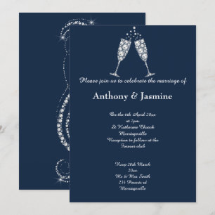 ELEGANT NAVY DIAMOND SWIRL CHAMPAGNE GLASS WEDDING INVITATION