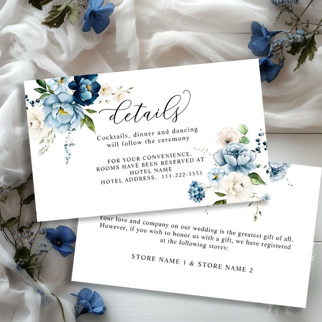 Elegant Navy Dust Blue Cute Floral Wedding Details Enclosure Card (Creator Uploaded)