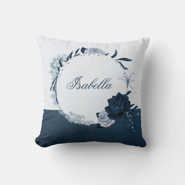 Elegant navy & dusty blue floral wreath  throw pillow (Front)