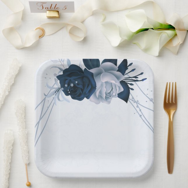 elegant navy & dusty blue flowers botanical paper plate (Wedding)