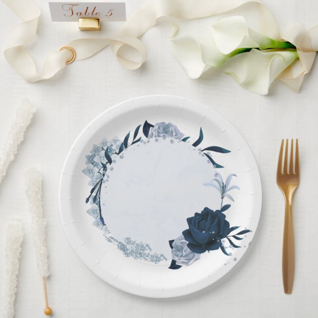 elegant navy & dusty blue flowers botanical paper plate (Wedding)