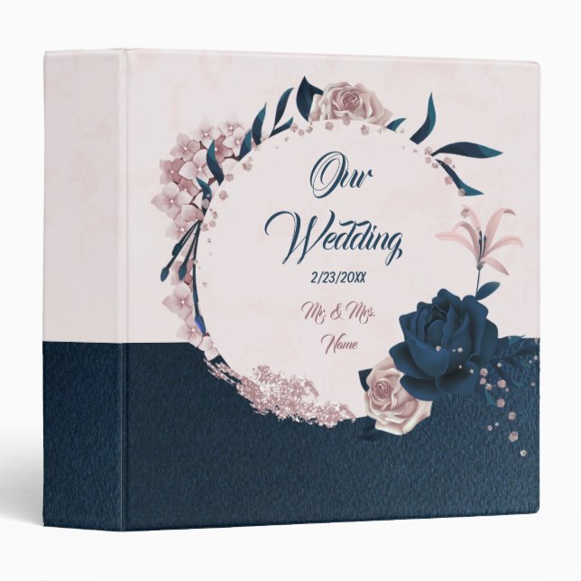Elegant navy & dusty rose floral photo album binder (Front/Spine)
