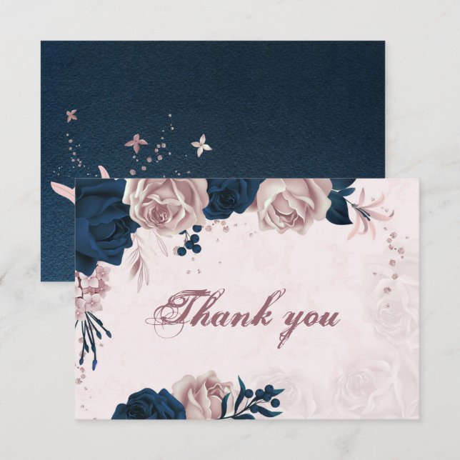 elegant navy & dusty rose flowers botanical thank  thank you card (Front/Back)