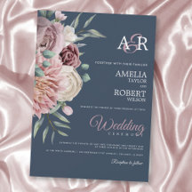 Elegant Navy Dusty Rose Watercolor Floral Invitati