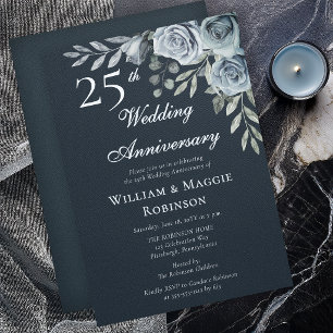 Elegant Navy Floral 25th Wedding Anniversary Invitation