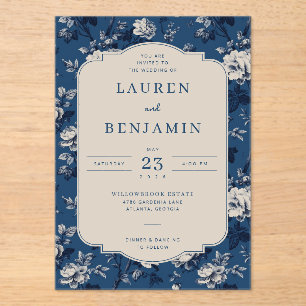 Elegant Navy Floral Acrylic Invitations