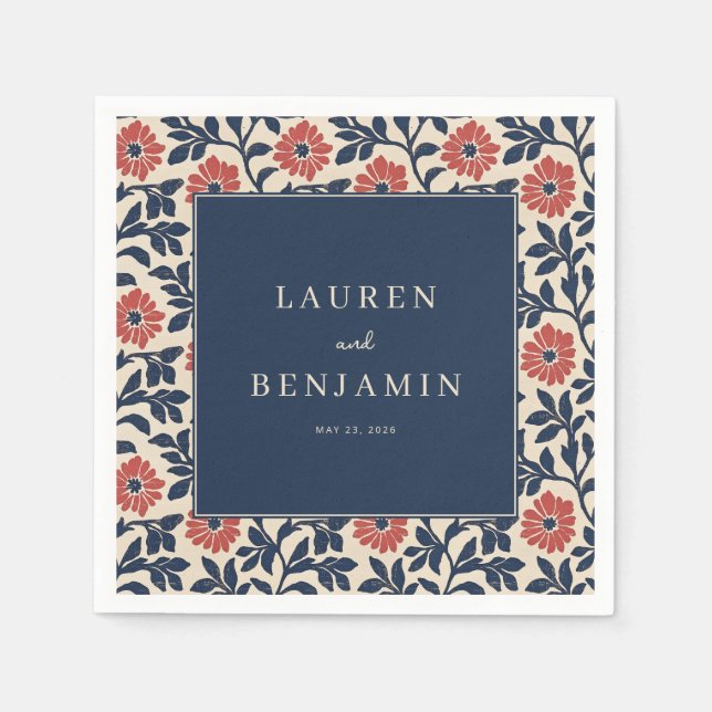 Elegant Navy Floral Border Napkin (Front)